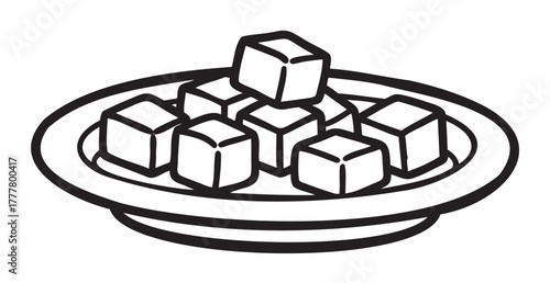 Monochrome line drawing of a bowl filled with multiple stacked sugar cubes, illustrating a simple geometric arrangement.