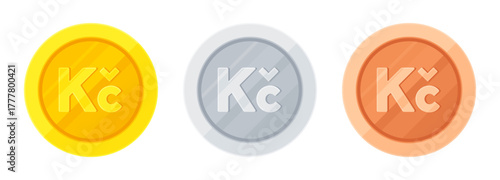 Set of gold, silver and copper coins with Czech Koruna sign (Kč). Economy, finance, investment, profit, money, CZK currency concept. Flat vector illustration isolated on white background