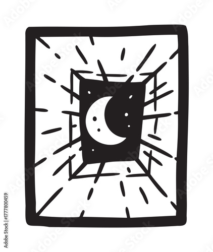 Black and white illustration of a crescent moon surrounded by stars in the center of a lined rectangular frame.