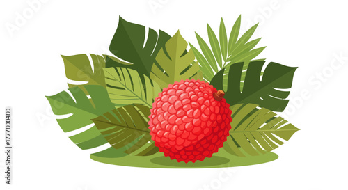 Vibrant Illustration Of A Lychee Fruit Amidst Lush Tropical Foliage Arrangement