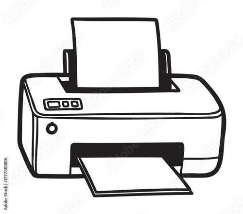 Simple black outline drawing of an inkjet printer with paper loaded in the rear tray and one sheet exiting the front.