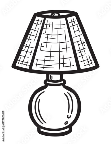 Black outline vector icon depicting a simple lamp with a round base and a patterned conical shade on a white background.