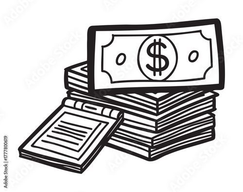 Black and white outline drawing of a stack of money beside a notepad with visible text lines, representing financial planning or budgeting.