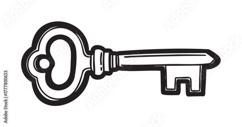 Black and white outline drawing of a vintage skeleton key with an ornate handle design and a simple, straight shaft.
