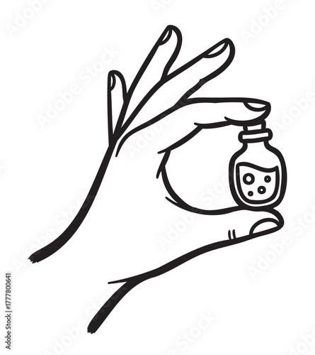 Black outline vector of a hand holding a small potion bottle with bubbles. minimal linear style for alchemy, magic, and potion concepts.
