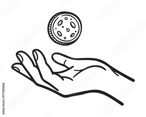 Simple black outline illustration of a hand tossing a coin in the air, depicting choice or chance concepts.