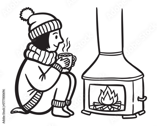 Black outline illustration of a person in winter clothing with a striped hat warming up by a wood-burning stove while holding a steaming cup.