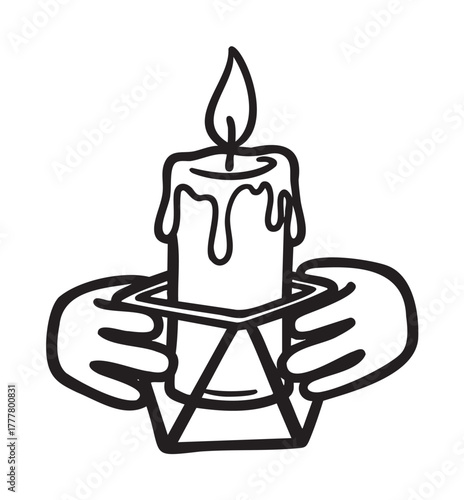 Black outline drawing of a candle with melting wax held by two cartoon hands on a geometric stand.