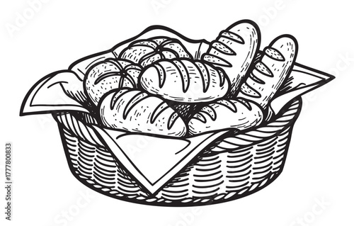 Hand-drawn illustration of assorted breads in a woven basket, showcasing a variety of freshly baked loaves and rolls.