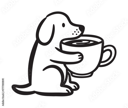 Black outline illustration of a cute dog holding a large cup of coffee, conveying a sense of coziness and warmth.