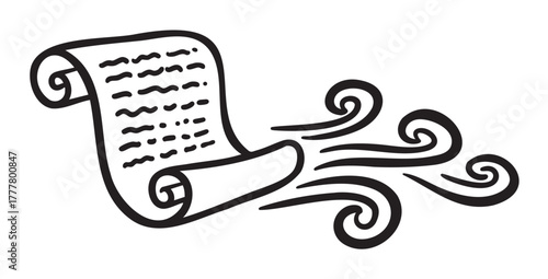Black outline drawing of a scroll with decorative swirls, symbolizing wind or movement in a minimalistic style.