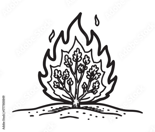 Black and white line drawing of a small bush engulfed in flames, representing a burning bush with leaves clearly visible.
