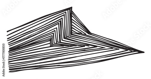 Abstract black and white drawing featuring converging lines forming a sharp triangular shape.