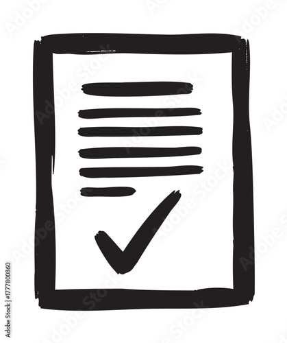 Black outline icon of a document with horizontal lines and a checkmark symbol, representing approval or completion.