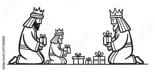 Three male figures in robes and crowns kneel while holding presents, surrounded by more gift boxes, symbolizing the three wise men.