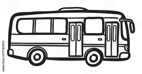 Black outline of a classic bus with detailed features, including windows, doors, and wheels, depicted in a simplified linear style.