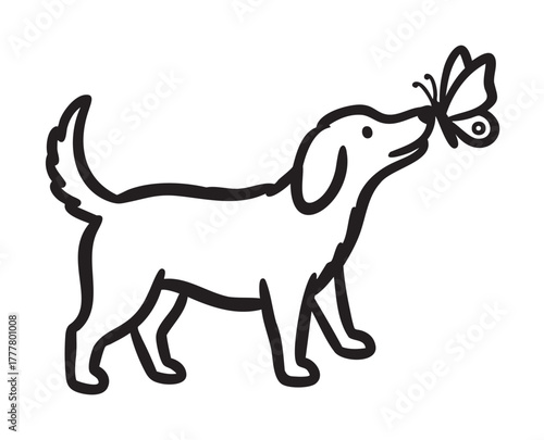 Black outline of a playful dog interacting with a butterfly on its nose, showcasing a moment of curiosity and innocence.