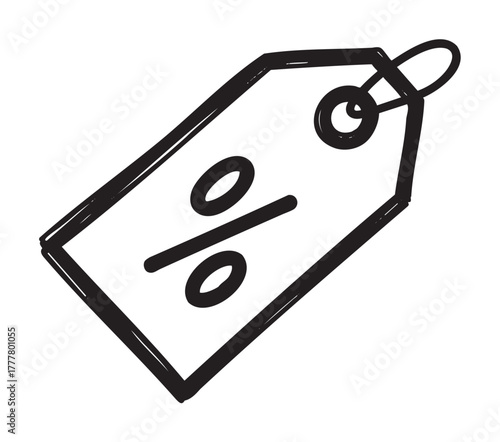 Black outline sketch of a discount price tag with a percentage symbol and attached string loop.