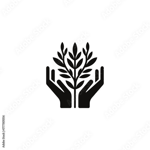Hands cupping a growing plant icon. Symbol of nature care, environmental protection, sustainability, organic growth, and green ecology.