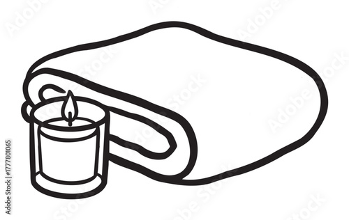 Black outline vector icon of a neatly folded blanket with a simple candle beside it, suggesting warmth and relaxation.