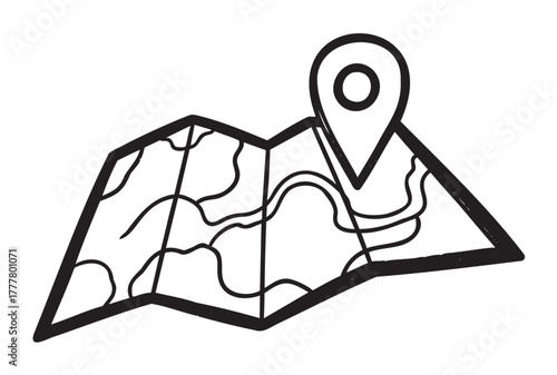 Black outline vector icon of a simple folded map with a location pin, featuring minimalistic curved lines and grid sections for navigation concepts.