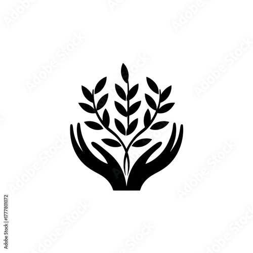 Hands cupping a lush plant seedling, symbolizing nature's growth, environmental care, protection, and ecological sustainability icon design