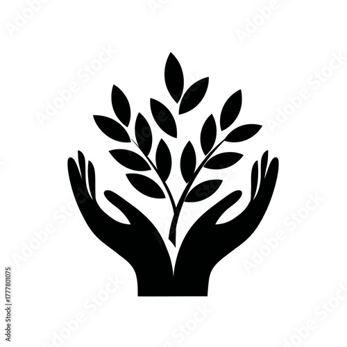 Hands holding a young plant sprout, symbolizing nature care, environmental protection, growth, and sustainability. Flat vector icon.