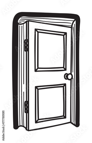 Black outline vector icon of a simple open door with a round doorknob and panel details.
