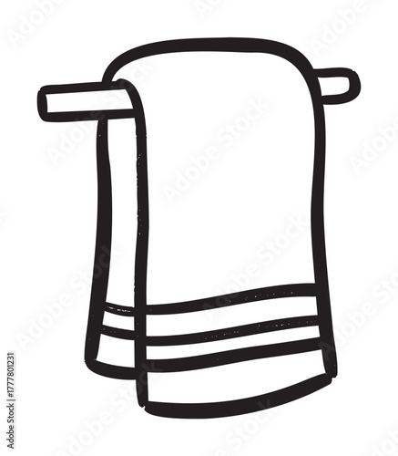 Black outline drawing of a simple hand towel hanging on a rail, featuring minimalistic design and clean lines.