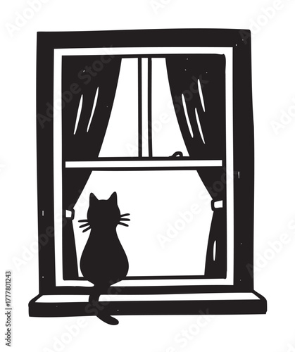 Black silhouette of a cat sitting on a windowsill, gazing out of a window framed with curtains.