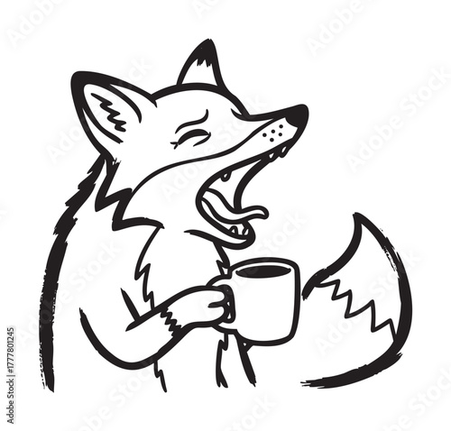 Black and white outline of a cartoon fox yawning while holding a mug, capturing a playful and whimsical expression.