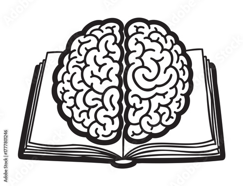 Black and white illustration of an open book with a human brain depicted across its pages, symbolizing knowledge and intellect.