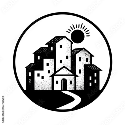 Black and white illustration of a stylized hillside village with traditional houses, a winding path, and a shining sun in a circular emblem.