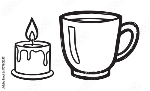 Black outline drawing of a cylindrical candle with a flame on a holder beside a simple mug with a handle.