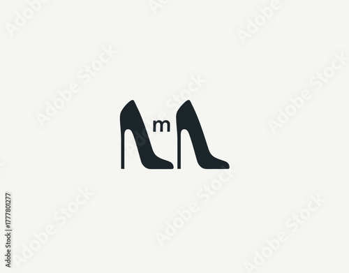 Stylish black high heels shoes icon with lowercase 'm' letter, modern graphic design for fashion and footwear concepts