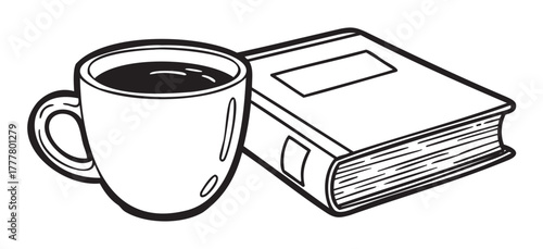 Black and white line drawing of a steaming coffee cup next to a closed book, suggesting a cozy reading environment.