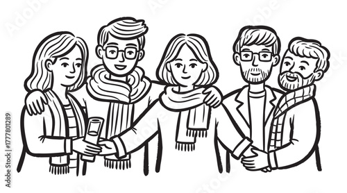 Black and white illustration of five diverse adults, three males and two females, standing closely together, wearing winter clothing, smiling warmly, and embracing.