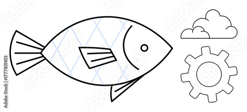 Minimalist fish with geometric patterns, a gear, and a cloud. Ideal for sustainability, ecology, environment, technology, innovation industrial and marine science contexts. Simple flat metaphor