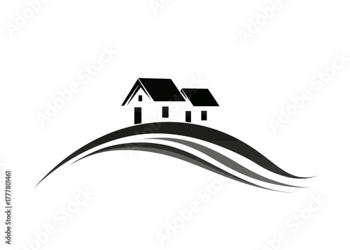 Modern minimalist vector graphic of two houses on a rolling hill, black and white design for real estate, property, and home concepts.