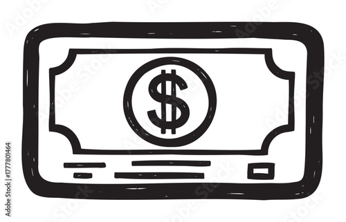 Black outline icon of a simple rectangular dollar bill with a prominent dollar sign in the center.