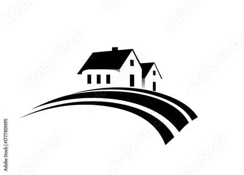 Black and white vector illustration of two houses on a rolling hill, ideal for real estate, property, and home ownership concepts.