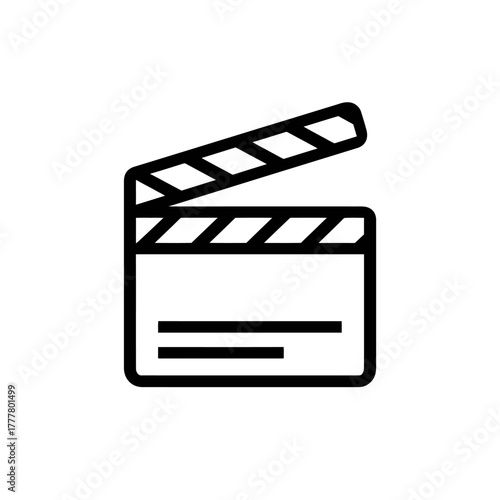 Film clapperboard icon. Outline graphic of a movie slate for cinema, video production, and multimedia projects. Filmmaking symbol.