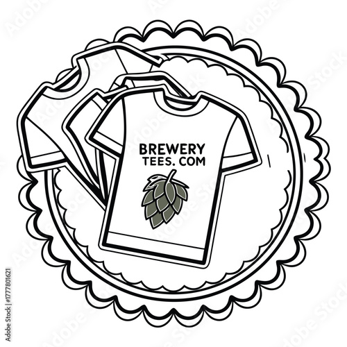 Brewery Tees logo with t shirts and hop cone on white background vector illustration .