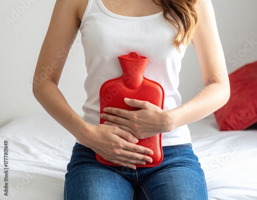 A young woman wearing a white tank top and jeans is sitting on a bed, holding a red hot water bottle pressed against her lower abdomen for pain relief.