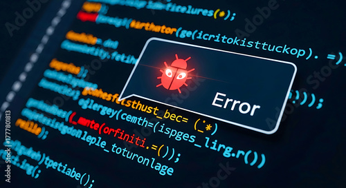 Computer screen displaying code with a red bug error message
