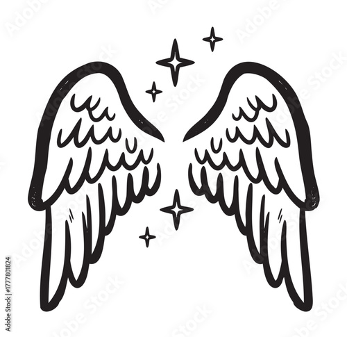 Black and white illustration of a pair of angel wings with small sparkling stars surrounding them, symbolizing ethereal and celestial themes.