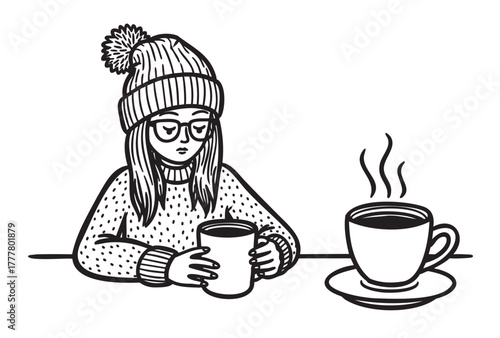 Female wearing a knitted hat and glasses holding a mug, with a steaming cup of coffee on a saucer nearby, drawn in black outline.