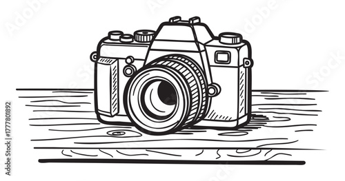 Black and white sketch of a classic slr camera with intricate details on a wooden surface, showcasing a vintage design and textured elements.