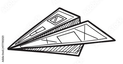 Black outline sketch of a paper airplane with geometric patterns on the wings and fuselage, illustrating creativity and simplicity.