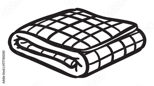 Black outline sketch of a folded, checkered blanket with a simple grid pattern. ideal for concepts of warmth, comfort, and home decor.